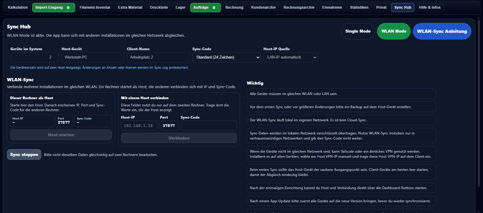 Sync Hub mit Host- und Client-Einstellungen